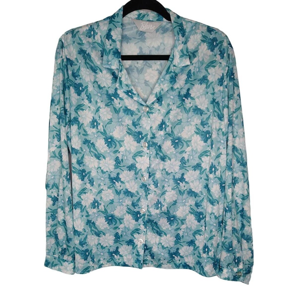 70's Vintage Blue Floral Shirt size 16 Button down Blouse Long Sleeve Flowers